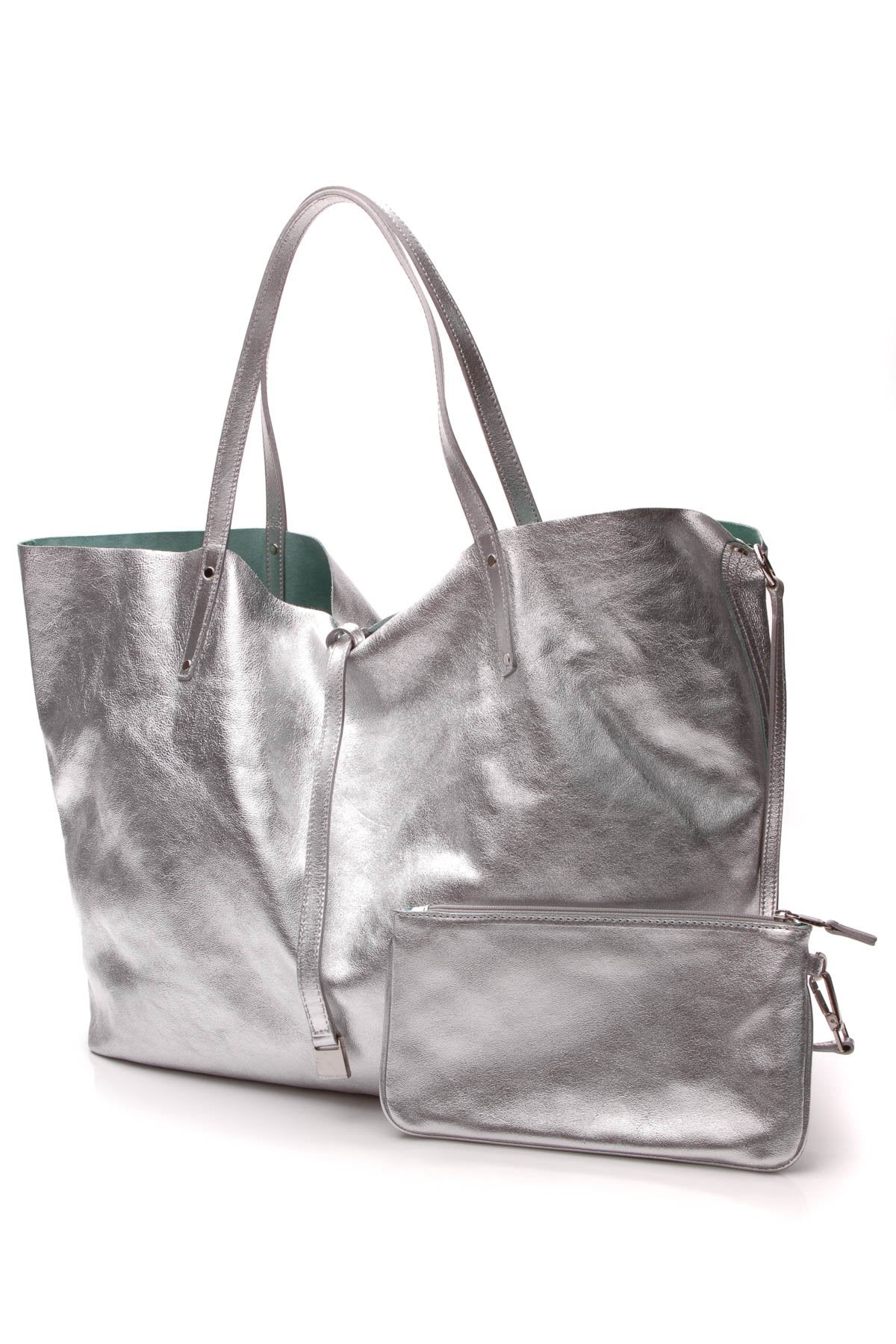 Reversible Large Tote Bag - Metallic Silver/Tiffany Blue