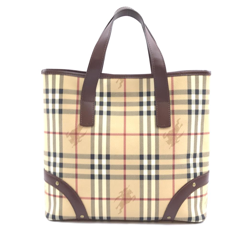 Burberry Bag Haymarket Check Pattern Beige and Brown Leather Coated Canvas Tote