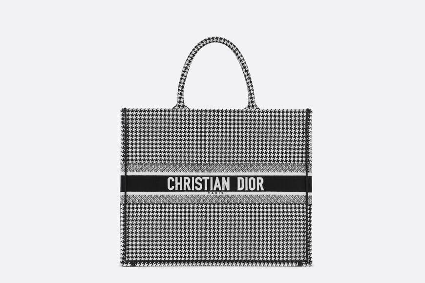 Di**r Book Tote Black and White Houndstooth Embroidery