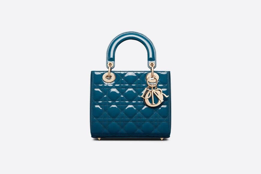 Small Lady Di**r Bag Steel Blue Patent Cannage Calfskin