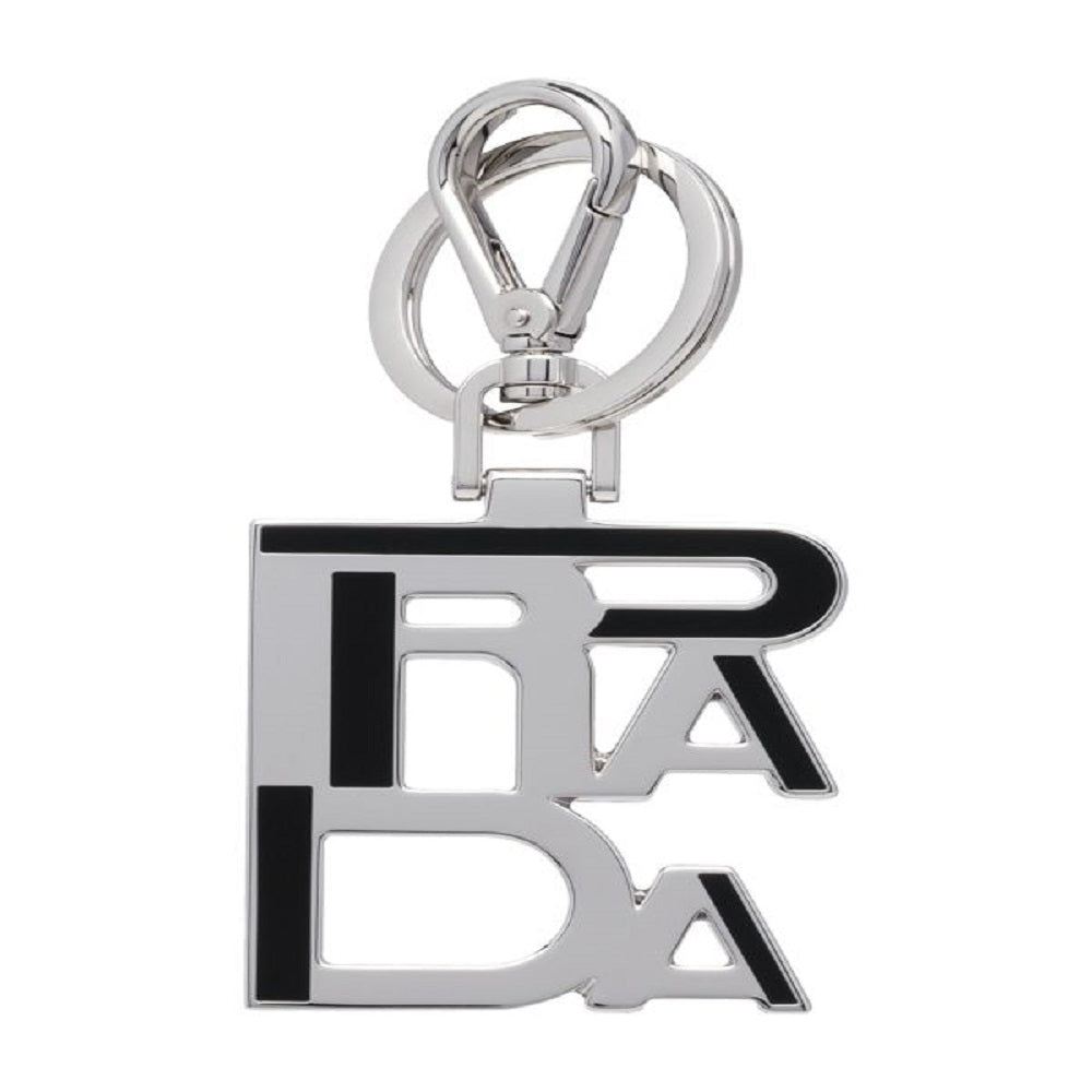 Prada Black Enamel Logo Silver Metallic Keychain Charm 2PS034