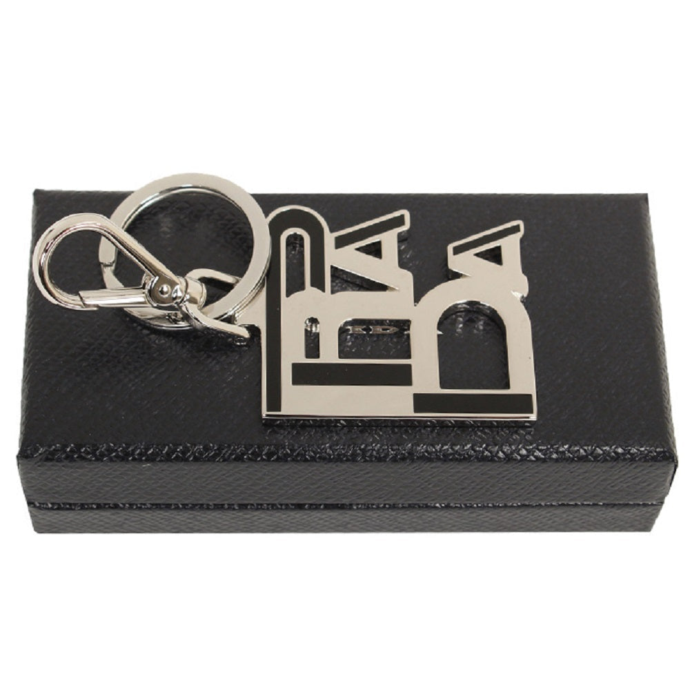 Prada Black Enamel Logo Silver Metallic Keychain Charm 2PS034