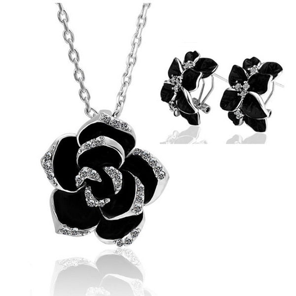 Fashion Rose Flower Enamel Jewelry Set Rose Gold Color Black Painting Bridal Jewelry Sets for Women Wedding 83506