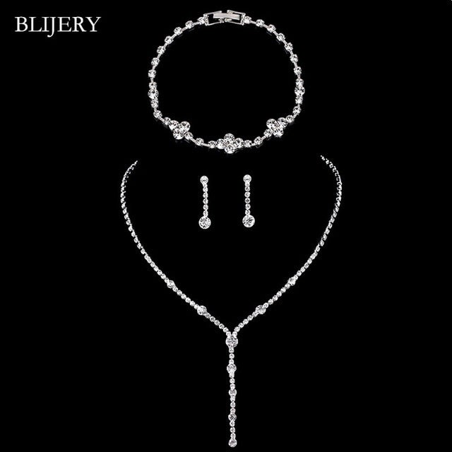 BLIJERY Fashion Crystal Bridal Jewelry Sets Silver Color Geometric Choker Necklace Earrings Bracelet Wedding Jewelry Sets