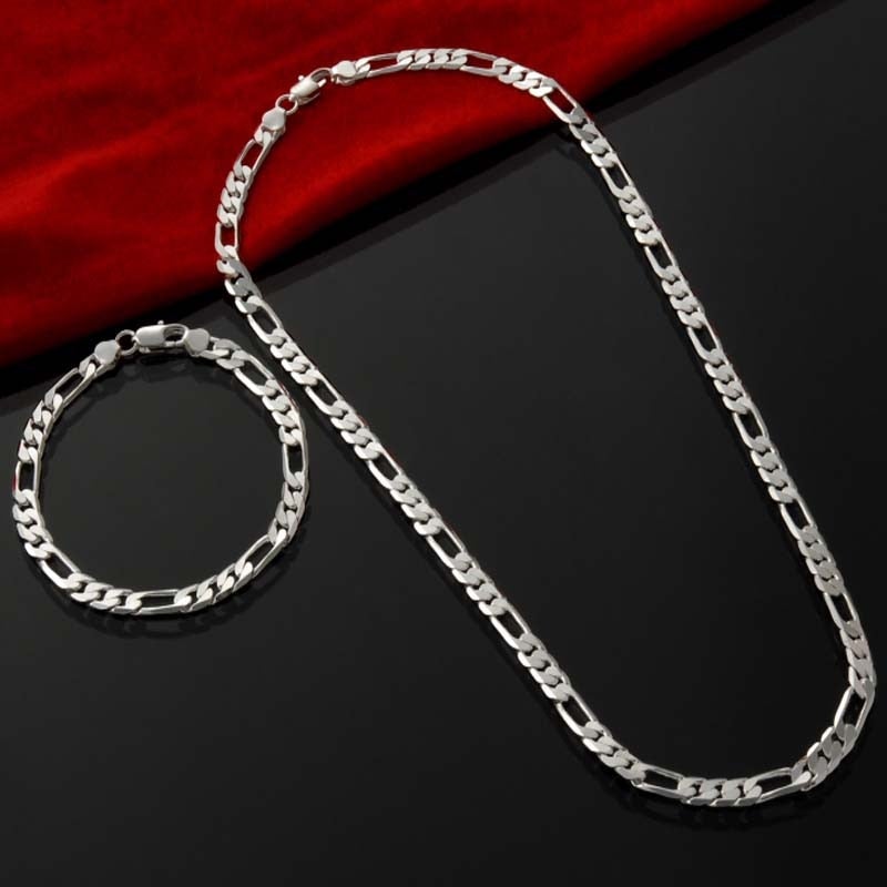 4MM men's chain jewelry sets, promotion sale, wholesale silver plated jewelry necklace + bracelet Sets for men, fashion