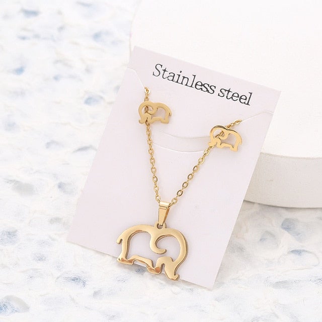 New Animal Flower Butterfly Stainless Steel Pendant Necklace Sets For Women Gold Color Chain Necklace Earrings Jewelry Gifts