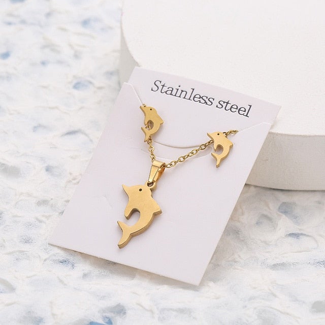 New Animal Flower Butterfly Stainless Steel Pendant Necklace Sets For Women Gold Color Chain Necklace Earrings Jewelry Gifts