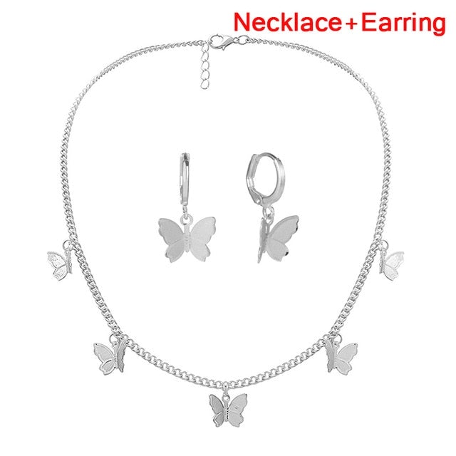 Butterfly Necklace Earrings Set Adjustable Butterfly Chain Necklace Charm Hoop Earrings Butterfly Jewelry for Women Girls