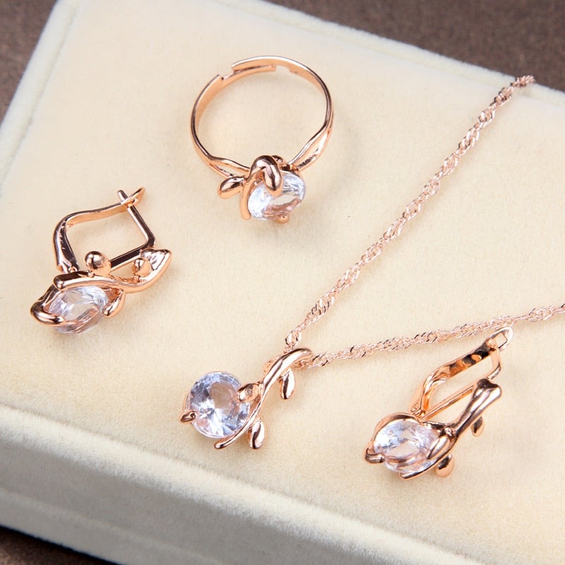 High Quality Elegant Gold Color Austrian Crystal Pendants Necklaces Earrings Bridal Jewelry Sets For Women