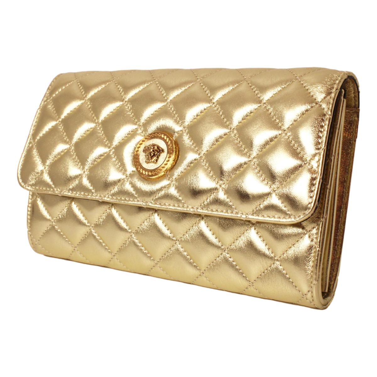 Versace Metallic Gold Leather Medusa Chain Wallet Bag DBSI159S